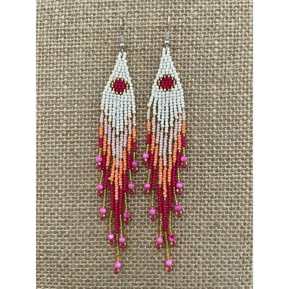 Handmade Miyuki Seed Bead Fringe Dangling Earrings Cactus Flower NWT - Picture 3 of 9
